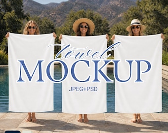 Three Beach Towel Mockup Set, 30x60 Summer Bath Fabric Design PNG and PSD smart object, Flat Lay Sublimated Towel PSD