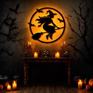 Hexe auf Besenstiel Wand LED Neon Schild, Halloween Holzschild Dekor, gruselige Hexe Wand Schild Dekor, fliegende Hexe Zeichen, gruseliges Licht Zeichen