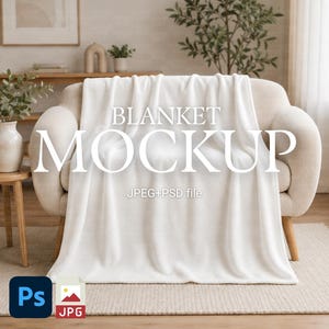 May include: A white blanket draped over a beige armchair. The words "BLANKET MOCKUP" are displayed in large, white letters. Below the text, it says "JPEG+PSD file". The image includes a Photoshop icon and a JPG icon.