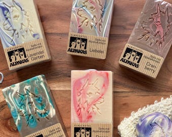 Alpakaseife, feine handgemachte Seife 85g mit Alpaka Keratin als Naturseife oder Duschgel für zarte Haut mega Düfte, aus Wolle unserer Tiere