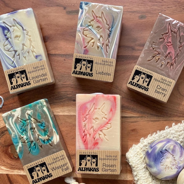 Alpakaseife, feine handgemachte Seife 85g mit Alpaka Keratin als Naturseife oder Duschgel für zarte Haut mega Düfte, aus Wolle unserer Tiere