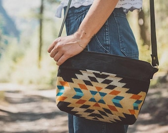 Black Waxed Canvas Crossbody Bag with Pendleton Wool Pocket