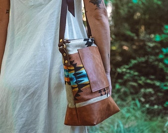 Women's Brown Leather Crossbody Bag made with Pendleton® wool,  Boho Bag, Slouchy Bag, Hipster Crossbody, Ethnic Bag, Southwestern Bag