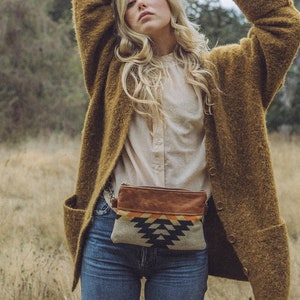 Leather Belt Bag made with Pendleton wool, Leather Bum Bag, Brown Fanny Pack, Leather Hip Bag, Leather Waist Bag, Hippie Bag, Boho Bag