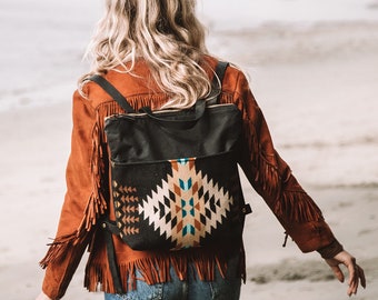 Waxed Canvas Backpack, Pendleton Wool Pocket, Leather Straps