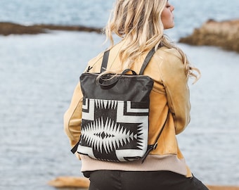 Black Waxed Canvas Backpack made with Pendleton® wool, Black Canvas Bag,  Stylish Diaper Bag. Hipster Backpack, Canvas and Leather Bag
