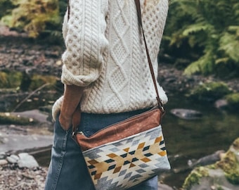 Waxed Canvas Crossbody Bag with Pendleton Wool Pocket, Leather Strap Purse