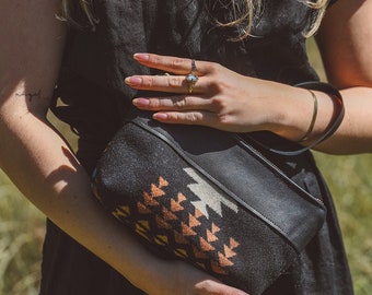 Pendleton Wool & Black Leather Zip Pouch, Wristlet Clutch