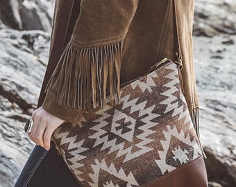 Large Southwestern & Leather  Crossbody Bag for Women, Laptop Bag or Diaper Bag, Women's Work Bag, Boho Bag, Everyday Travel Bag