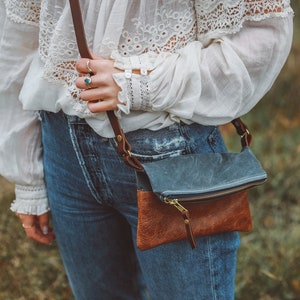 Waxed Canvas Crossbody Bag, Small Gray Crossbody, Small Leather Crossbody