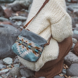 Gray Waxed Canvas Crossbody made with Pendleton® wool, Everyday Bag, Small Canvas Crossbody, Lightweight Crossbody, Grey Canvas Crossbody