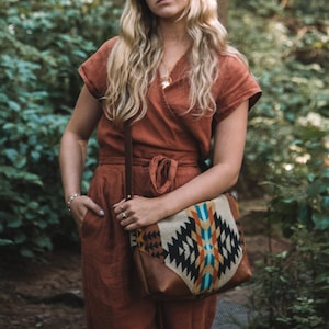 Women's Brown Leather Crossbody Bag, Pendleton Bag, Everyday Bag, Boho Bag, Slouchy Bag, Hipster Crossbody, Ethnic Bag, Southwestern Bag