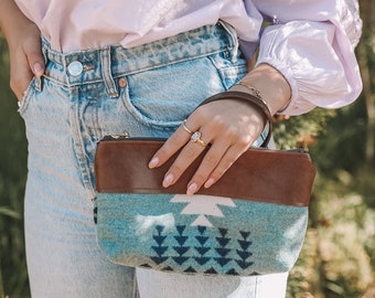 Brown Leather Zip Pouch made with Pendleton® wool, Leather Wristlet Pouch, Cosmetics Pouch, Organizer Pouch,