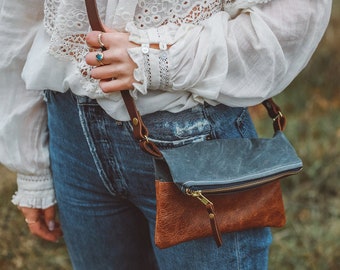 Waxed Canvas Crossbody Bag, Small Gray Crossbody, Small Leather Crossbody