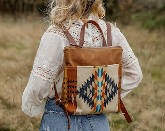 Women's Waxed Canvas Backpack, Pendleton Backpack, Canvas Bag,  Stylish Diaper Bag. Hipster Backpack, Canvas and Leather Bag, Utility Bag