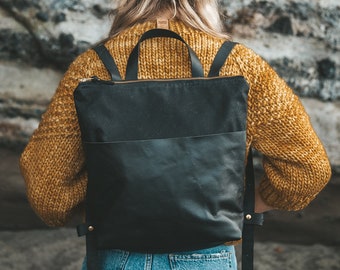 Women's Waxed Canvas Bag, Canvas Backpack, Black Leather Backpack, Stylish Diaper Bag. Hipster Backpack, Canvas and Leather Bag, Utility Bag