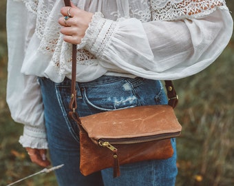 Waxed Canvas Crossbody Bag, Small Tan Crossbody, Small Leather Crossbody