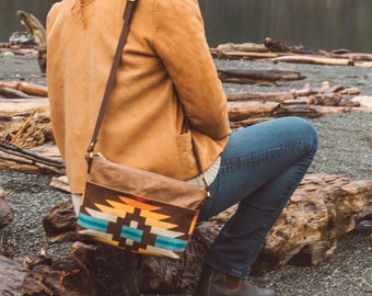 Tan Waxed Canvas Crossbody Bag made with Pendleton® wool, Everyday Bag, Small Canvas Crossbody, Lightweight Crossbody