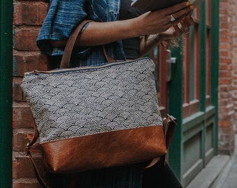Mochila de algodón japonés, base de cuero, funda para portátil