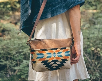 Waxed Canvas Crossbody Bag, Pendleton Wool Pocket, Leather Strap