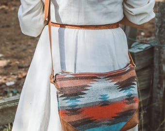 Southwestern Crossbody Bag for Women, Medium Everyday Purse, Wool Cotton and Leather Bag, Handmade Travel Crossbody, Stylish Casual Bag