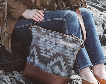 Large Southwestern & Leather  Crossbody Bag for Women, Laptop Bag or Diaper Bag, Women's Work Bag, Boho Bag, Everyday Travel Bag