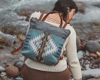 Waxed Canvas Backpack, Pendleton Wool Pocket, Leather Straps