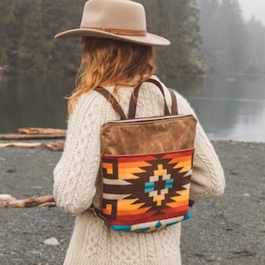 Vaxad canvasryggsäck tillverkad med Pendleton®-ull, beige canvasryggsäck, bohemisk ryggsäck, snygg blöjväska. Hipsterryggsäck