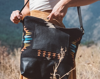 Women's Black Leather Crossbody Bag made with Pendleton® wool,  Boho Bag, Slouchy Bag, Hipster Crossbody, Ethnic Bag, Southwestern Bag