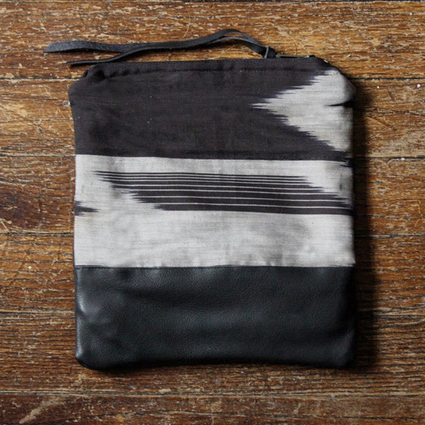 IKAT CLUTCH. Tribal Print Clutch. Black Leather Clutch. Charcoal Grey Clutch. Zipper Pouch.