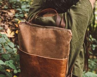 Women's Waxed Canvas Bag, Canvas Backpack, Tan Leather Backpack, Stylish Diaper Bag. Hipster Backpack, Canvas and Leather Bag, Utility Bag