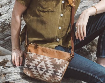 Tan Waxed Canvas Crossbody Bag, Small Leather Crossbody, Southwestern Everyday Bag, Handmade Canvas Purse, Lightweight Boho Bag