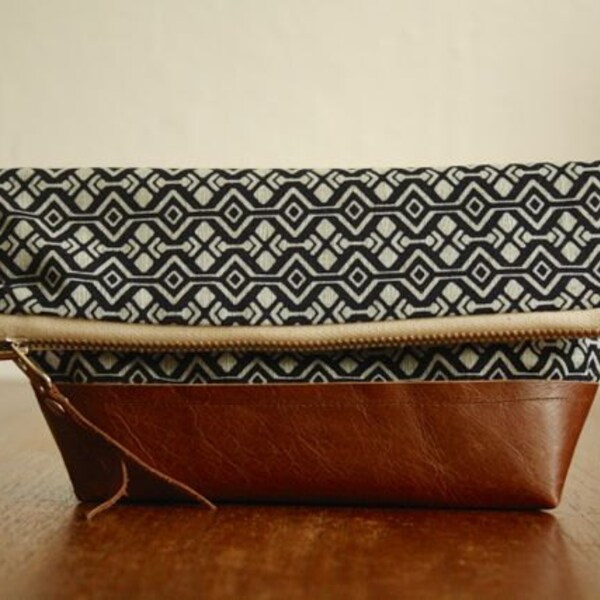 The Geometori Pouch ///// Geometric Pouch. Patterned Clutch. Navy Blue Cosmetic Bag. Brown Leather Pouch.