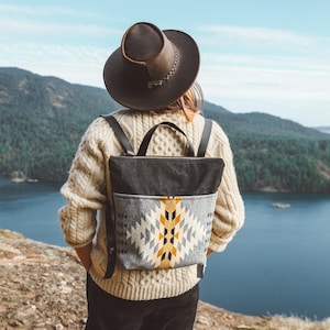 May include: A gray and black backpack with a geometric pattern in yellow and white, worn by a person wearing a brown hat and cream-colored sweater. The backpack has black straps and a black top. The person is standing on a rocky cliff overlooking a lake and mountains.