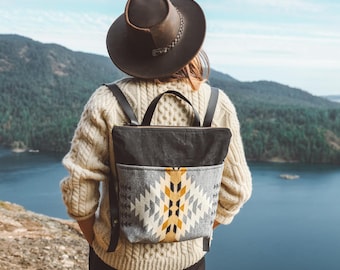 Women's Black Waxed Canvas Backpack made with Pendleton wool, Canvas Bag,  Stylish Diaper Bag. Hipster Backpack, Canvas and Leather Bag,