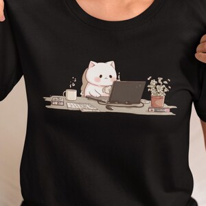 Cute Cozy Cat Working on Laptop T-Shirt,  Adorable Kawaii Coffee Lover Tee