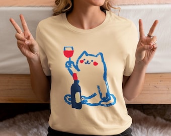 Maglietta con gatto che beve vino: divertente maglietta grafica per amanti dei gatti