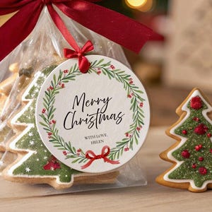 Redigerbar akvarell julklappsetikett Canva-mall, rund julkakpåseetikett, utskrivbar juletikett för bakverk för presenter