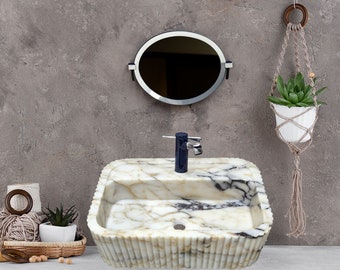 Calacatta Gold Marble Sink: Grooved Wall Mounted Bathroom Sink (24x16x8)