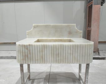 Calacatta Gold Marble Sink: Fluted Wall-Mounted Basin Vanity