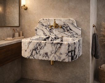 Lavabo in marmo Calacatta Viola, lavabo a parete con alzatina, lavabo in pietra naturale, lavabo da appoggio in marmo
