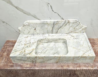 Calacatta Gold Marble Sink, Custom Sink, 36"x16,5"x5" with 8" Backsplash