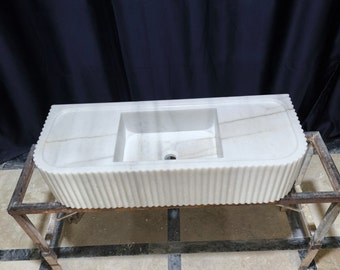 White Carrara Marble Wall Mounted Sink: Natural Stone Washbasin (36x14x8)