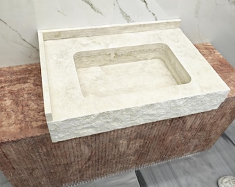 Custom Sink for Vincent,33"x21 3/4"x8" inches, Chiseled Travertine Marble Sink: Natural Stone Vessel Basin