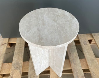 Natural Travertine Side Table: Round Marble Plinth, Home Decor (13.4''x19.5'')