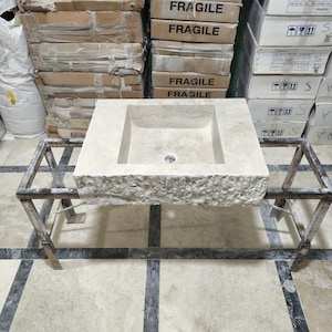 Natural Travertine Stone Sink: Bathroom Powder Room Decor (26x19x6.5)