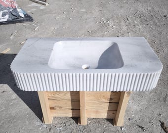 Lavandino scanalato in marmo bianco di Carrara: lavabo da bagno in pietra naturale (39,4"x20"x6")