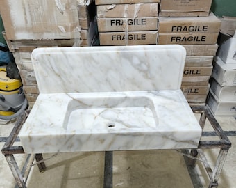 Calacatta Marble Sink with Backsplash - 30" Wall Mounted Natural Stone Sink
