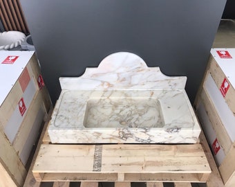 Lavandino in marmo Calacatta Gold, Lavandino per bagno, Lavandino a parete, Lavandino da appoggio, Lavandino intagliato a mano, Lavandino in marmo, Pietra naturale, Dimensioni personalizzate