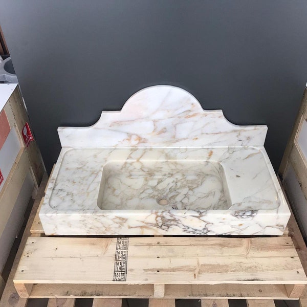 Calacatta  Gold Marble Sink, Sink with Backsplash,  Wall Mounted Sink, Rectangular Marble Sink, Sink for Bathroom Decorations, Marble Sink